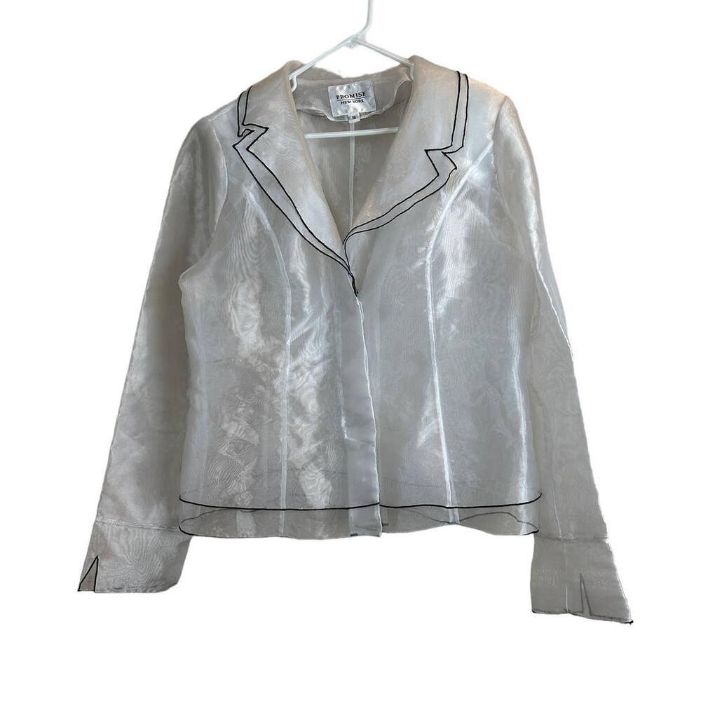 Vintage Promise NY White Shimmer Blazer Sheer Piping Detail Size 16 Y2K